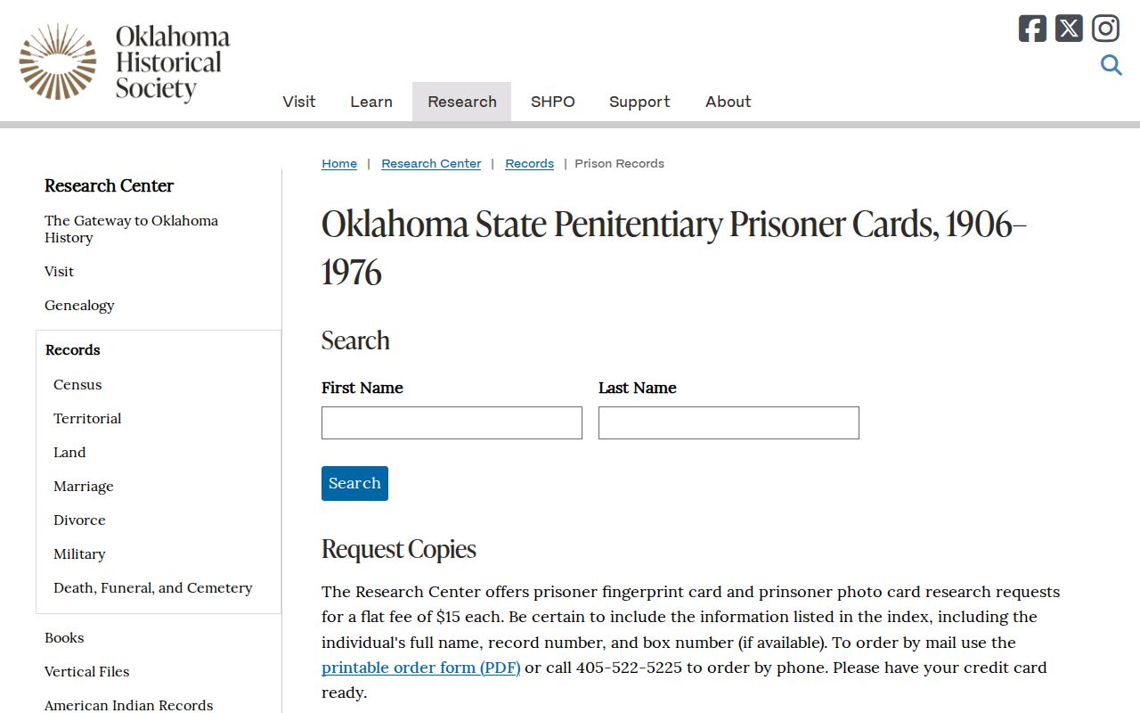 Marshall County booking record archive and Oklahoma prison record source